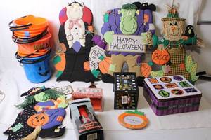 lot 393 image: Halloween Decoration Collection with Buckets, Signs, and Tin Box