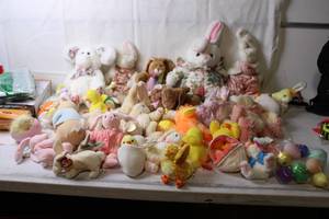 lot 397 image: Collection of Plush Bunnies and Ducks with Decorative Eggs