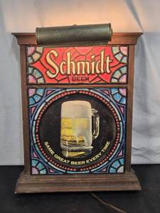Vintage Schmidt Beer Lighted Sign with Plastic Stained Glass Design approximately 19 inches tall and 14 inches wide