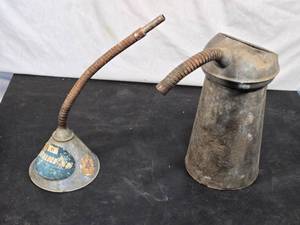 lot 24 image: Vintage Oil Can and Funnel with Flexible Spouts One can is marked with a label from the Beurens Manufacturing Company,
