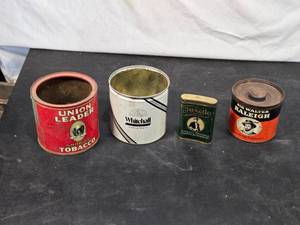 lot 25 image: Lot of Vintage Tobacco Tins  Union Leader, Whitehall, Tuxedo, and Sir Walter Raleigh.