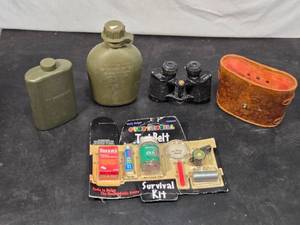 lot 26 image: Lot of Vintage Military and Survival Items with Binoculars and Canteens