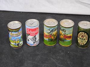 lot 28 image: Lot of Vintage Beer Cans including brands like Wau-Na-Beer, Schmidt, Schells Deer Brand, and Ballantine Ale