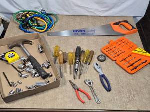 lot 96 image: Lot of Mixed Hand Tools and Drill Bits including screwdrivers, pliers, a hammer, and an adjustable wrench.