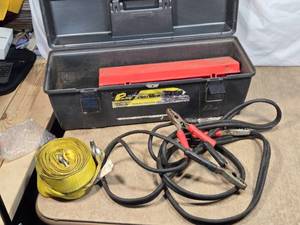lot 106 image: Automotive Tools and Equipment including a black toolbox containing jumper cables, a yellow towing strap with hooks, and red emergency triangles.
