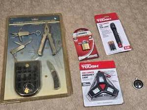 lot 109 image: Multipurpose Tools and Lights with Padlock and Compass