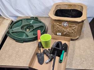lot 121 image: Gardening Tools and Planter with Hose Reel