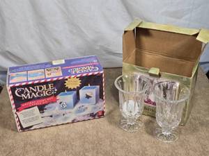 lot 131 image: Candle Magic Holiday Light Box Kit and Toscana Hurricane Glasses