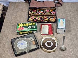 lot 78 image: Vintage and Decorative Items Including Laundry Starch, Plates, and Embroidered Bag