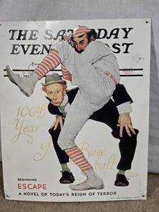 lot 173 image: Saturday Evening Post Baseball Tin Sign by Norman Rockwell