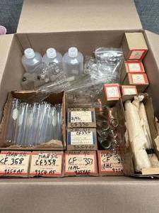 lot 53 image: Assorted Science Box of Centrifuge Tubes, Bottles, Jars, Test Tubes and More See Photos