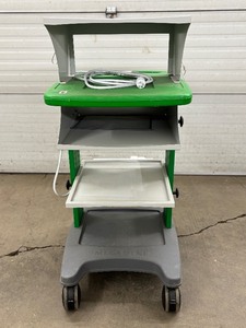lot 24 image: MSRP $2200 Megadyne Mobile Monitor Standing Desk Supply Storage Equipment Cart With Power Supply - In Great Condition