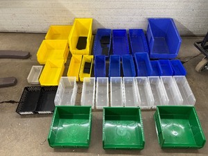 lot 83 image: Large Lot of Mixed Size Akro Bins Supply Storage & Organization Bins Perfect For Cart Drawers - These bins reduce manufacturers storage space by 50% Good Condition