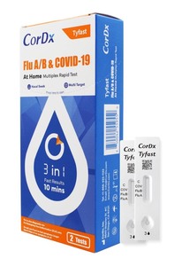 lot 70 image: MSRP $700  1 Case (34 Packages with 2 Tests Each Per Package) NEW CorDx ACT21002-2 Tyfast Flu AB & Covid-19 3-In-1 10-minute At Home Nasal Swab Multiplex Rapid Tests Exp 726 (Extended 1 year by the CDC) 