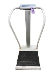 lot 40 image: MediChoice BeFour Healthcare Digital Weighing Scale  Features Digital Display, Handrails, and Tilt & Roll Mobility  Designed for Accurate Weight Measurements Good Working Condition With Cosmetic Wear