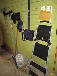 lot 212 image: COSCO folding step ladder, broom, d...