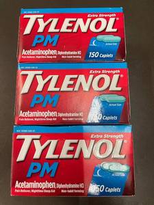 lot 28 image: Set of 3 Tylenol PM Extra Strength Pain Reliever - 150 Caplets Each