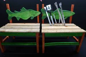 lot 9 image: TWO WALLEYE BENCHES AND BRAND NEW STAINLESS STEEL OUTDOOR BBQ SET