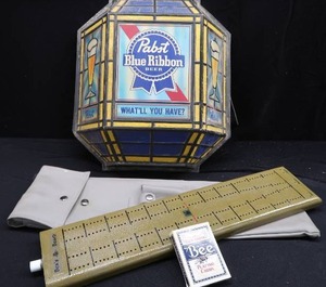 lot 14 image: VINTAGE PABST  BLUE RIBBON  BEER SIGN.  CRIBBAGE BOARD