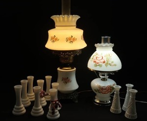 lot 23 image: 2 FLORAL MILK GLASS HURRICANE LAMPS WITH MILK GLASS BUD VASES