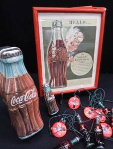 lot 32 image: VINTAGE 1940S COCA-COLA  FRAMED ADVERTISMENT, LIGHTS AND COLLECTOR TINS