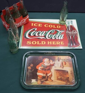 lot 33 image: METAL COCA-COLA ADVERTISING SIGN  METAL CHRISTMAS SERVING TRAY WITH ORIGINAL GLASS BOTTLES.