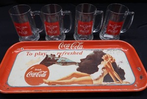 lot 35 image: HEAVY METAL COCA-COLA SERVING TRAY AND 4 CO-BRANDED BACARDI MUGS