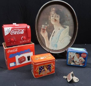 lot 38 image: VINTAGE COCA-COLA SERVING TRAY, COLLECTORS TINS, COOLER RADIO, AND BONUS BOTTLE OPENER