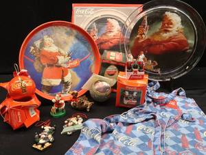 lot 39 image: VINTAGE COCA-COLA SERVING TRAYS AND CHRISTMAS ORNAMENTS