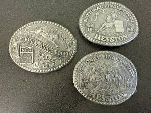 lot 39 image: 3 Different 1989 Hesston National Finals Rodeo Belt Buckles