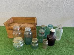 lot 58 image: Vintage Canning Jars & Wood Shipping Box