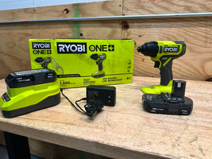 lot 51 image: RYOBI  ONE 18V Cordless 14 in. Impact DrillDriver Kit with (2) 1.5 Ah Batteries and Charger Model # PCL235K2