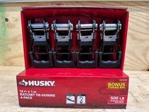 lot 155 image: Husky 12 ft. x 1 in. Ratchet Tie-Down Straps with S-Hook (4-Pack)