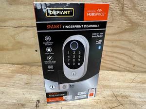 lot 158 image: Defiant Round Fingerprint Satin Nickel Electronic Single Cylinder Deadbolt Wi-Fi Enabled Powered by Hubspace