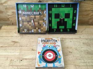 lot 93 image: Lot of 2 - Minecraft Clocks and A Fireball Monster Floor Darts Set