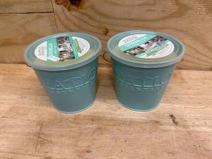 lot 180 image: Patio Essentials Lot of 2- Citronella Candle Painted Bucket, 21257P, Assorted, 17 OZ
