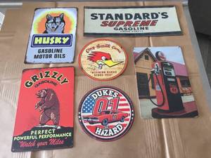 lot 143 image: 6 Old-Look Tin GasolineCar Signs