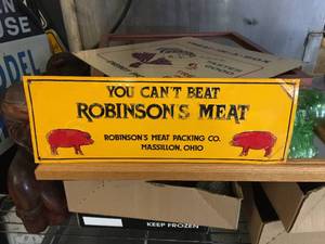 lot 255 image: Vintage Robinsons Meat - Embossed SignCrate Marker 13 12 x 4 12