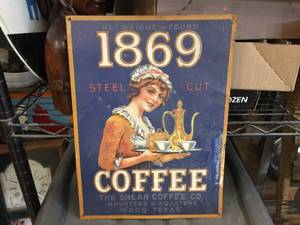 lot 263 image: Vintage Embossed Shear Coffee 1869 - Metal Advertiser Sign