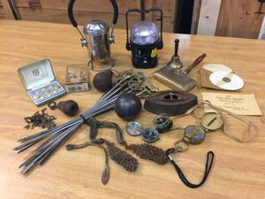 lot 266 image: Group Vintage Items - Compass - Cannon Ball - Flashlight - Skewers - Buttons - etc