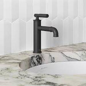 lot 8 image: Swiss Madison Avallon Single-Handle Single-Hole Bathroom Faucet in Matte Black  Customer Returns See Pictures