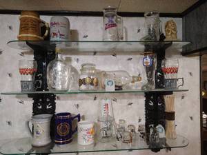 lot 120 image: Collectible Items on 3 Glass Shelves - Twins, Ship in Bottle, Etc