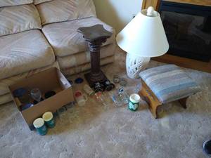 lot 179 image: Large Misc Lot - Lamp, Pillar, Footstool, Glasses