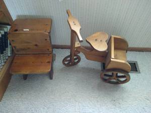 lot 185 image: (2) Wooden Doll Items - School Desk & Tricycle