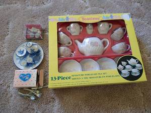 lot 193 image: (3) Doll Tea Sets & Doll Silverware