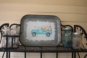 lot 3 image: Decorative Galvanized Tray with Truck Design and Glass Jars Set