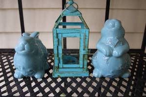 lot 6 image: Set of 2 Ceramic Bunny Figurines and Rustic Lantern