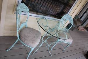 lot 10 image: Vintage Aqua Bistro Set with Glass Table and 2 Floral Chairs