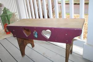 lot 19 image: Rustic Wooden Bench with Heart Cutouts and Floral Details