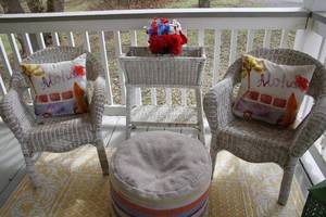 Set of 2 Wicker Patio Chairs with Cushions, Ottoman, and Side Table